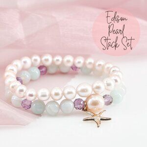 Pearl & Gold Charm Bracelet Set of 2, Dainty Stretch Bracelet